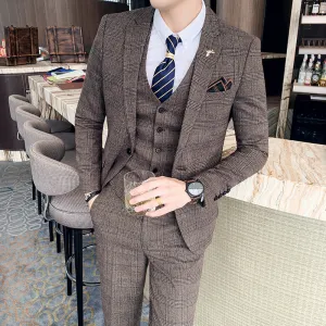 ( Jacket   Vest   Pants )  Plaid Casual Business Suit High-end Social Formal 3 Pcs Set