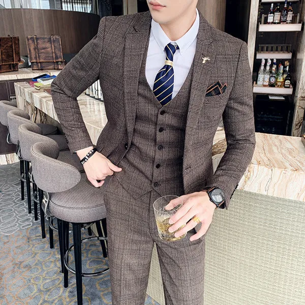 ( Jacket   Vest   Pants )  Plaid Casual Business Suit High-end Social Formal 3 Pcs Set