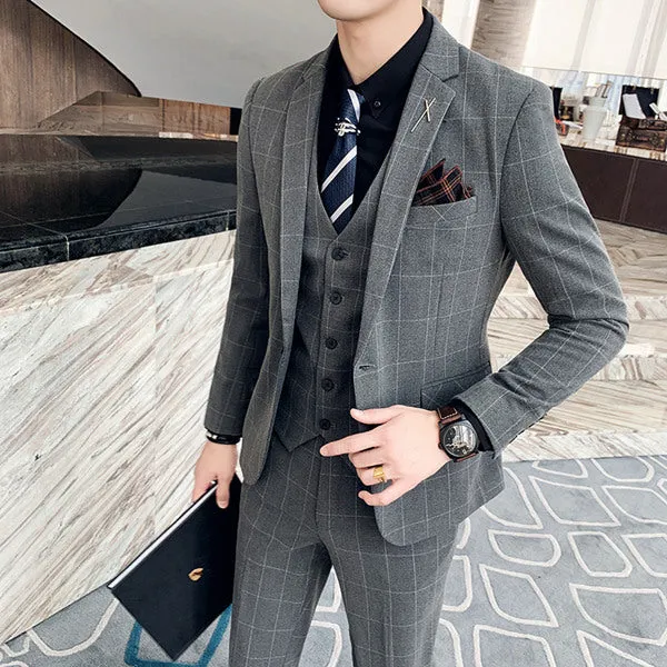 ( Jacket   Vest   Pants )  Plaid Casual Business Suit High-end Social Formal 3 Pcs Set