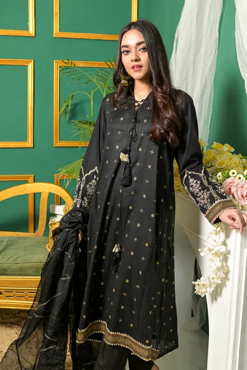 Black A Line Formal Suit with Gold Work and Net Dupatta