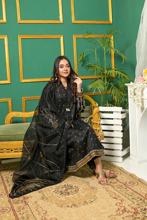 Black A Line Formal Suit with Gold Work and Net Dupatta