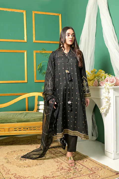 Black A Line Formal Suit with Gold Work and Net Dupatta