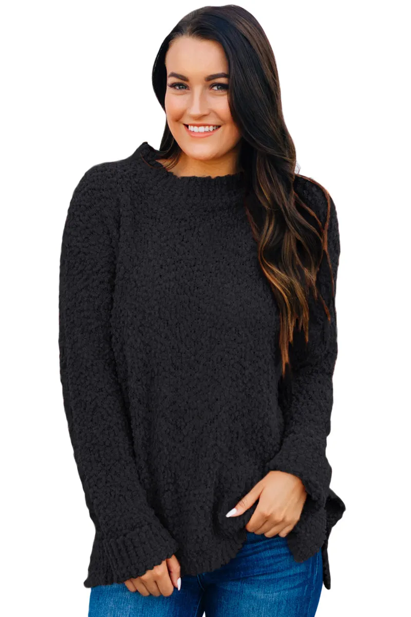 Black Cozy Fall Popcorn Pullover Sweater