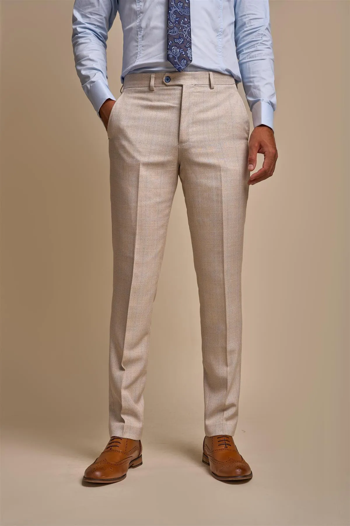 Caridi Beige Regular Check Three Piece Suit