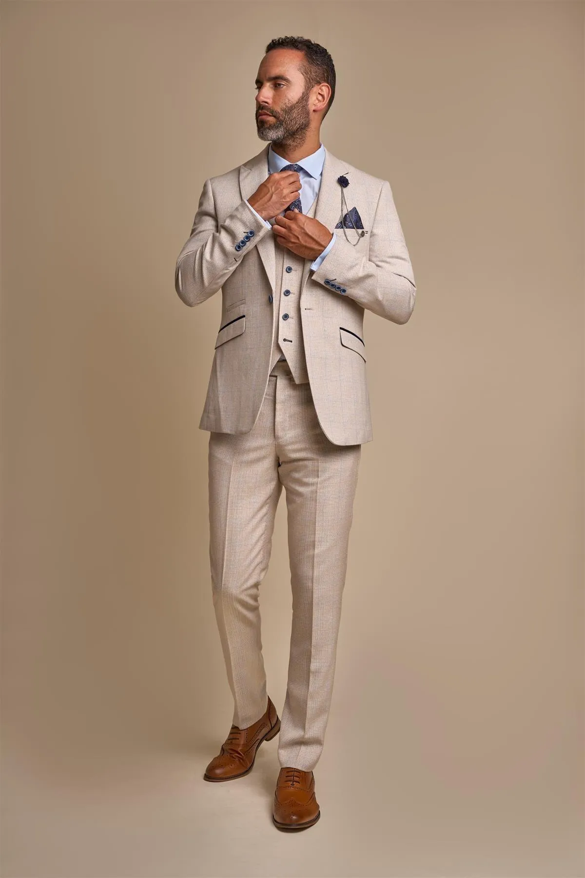 Caridi Beige Regular Check Three Piece Suit