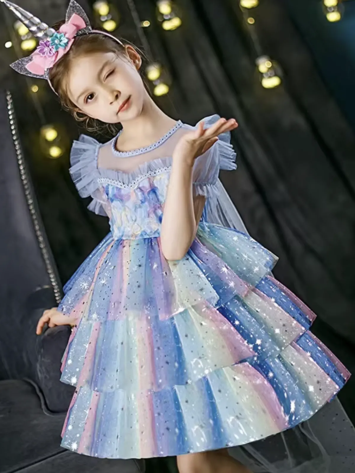 Dreamy Unicorn Glitter Tulle Dress with Starry Layers