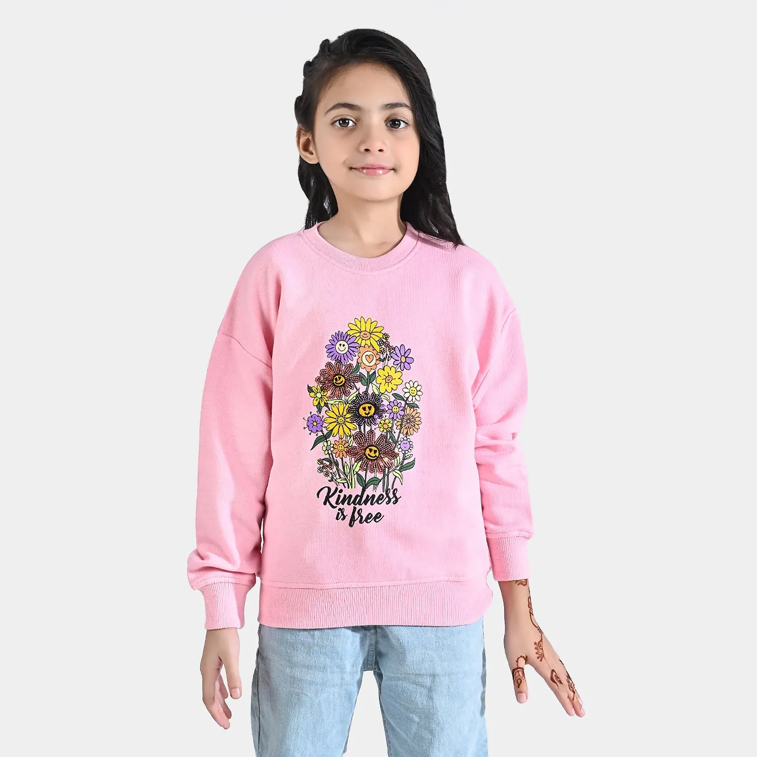 Girls Cotton Terry Sweatshirt Kindness Is Free-Pink