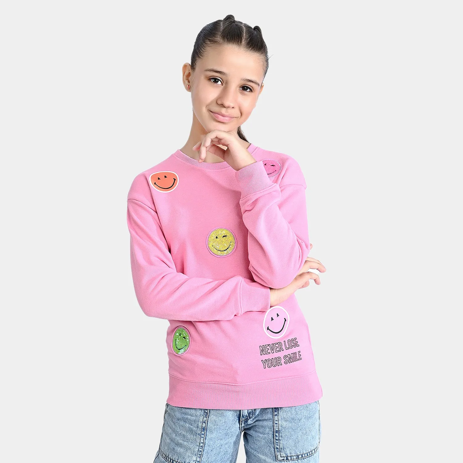 Girls Cotton Terry Sweatshirt Never Loose Your Smile-Sachet Pink