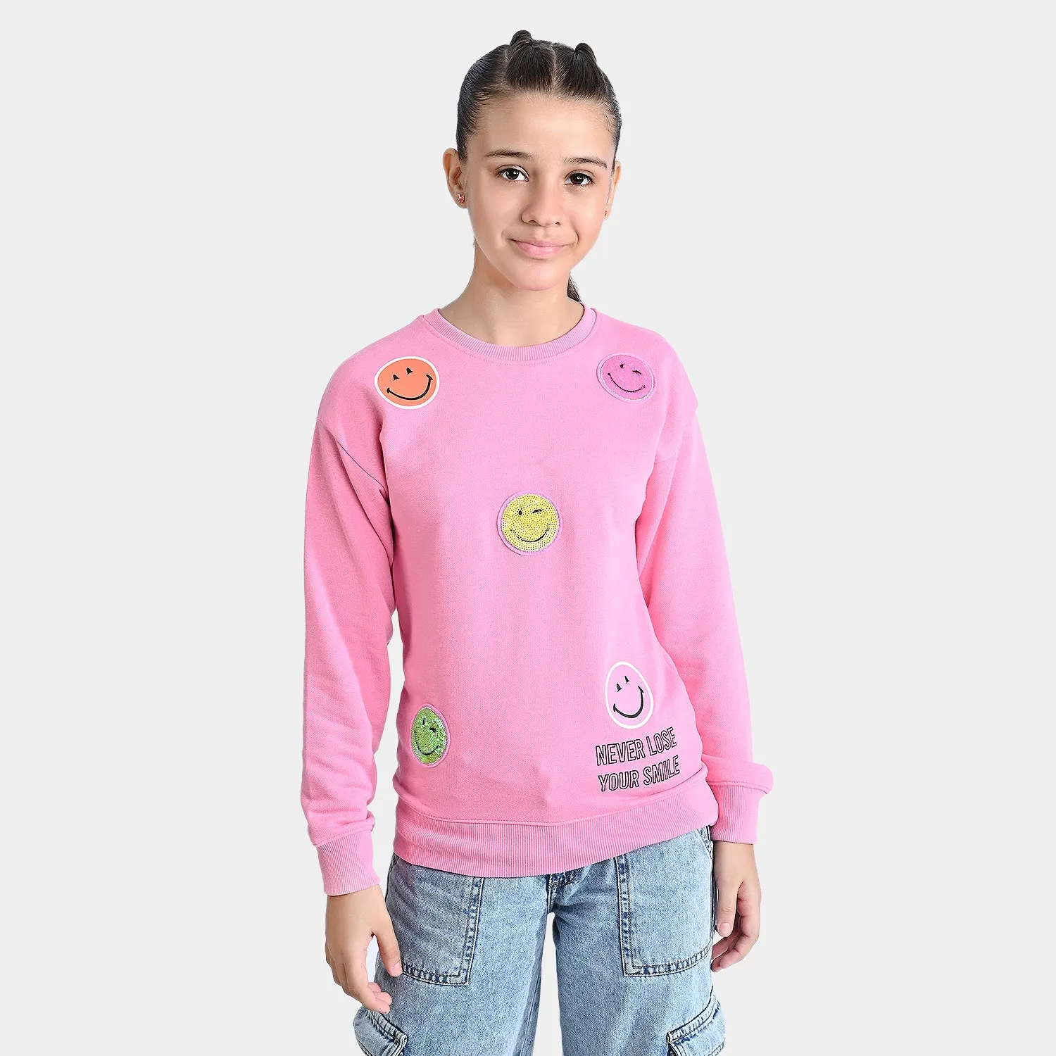 Girls Cotton Terry Sweatshirt Never Loose Your Smile-Sachet Pink