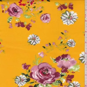 Goldenrod/Pink Floral/Daisy Double Brushed Jersey Knit Fabric