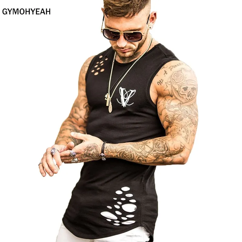 GYMOHYEAH NEW Summer fashion gyms tank top hole bodybuilding stringer tank top men fitness vests muscle guys sleeveless vest