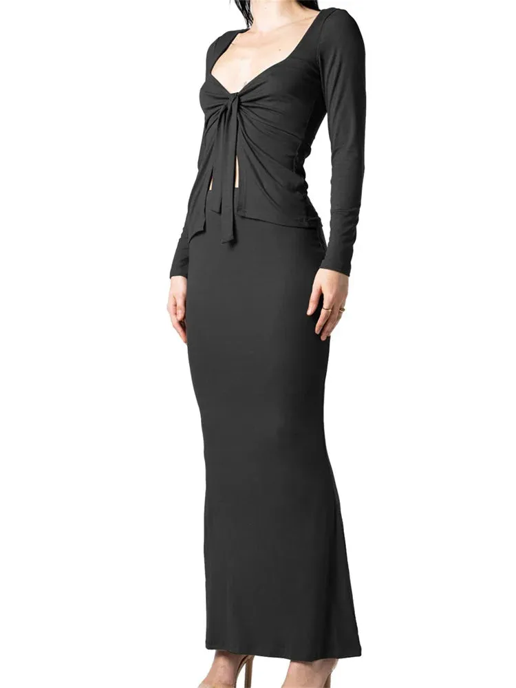 JuliaFashion - Solid V-neck Front Split Knotted Bodycon Streetwear Suits