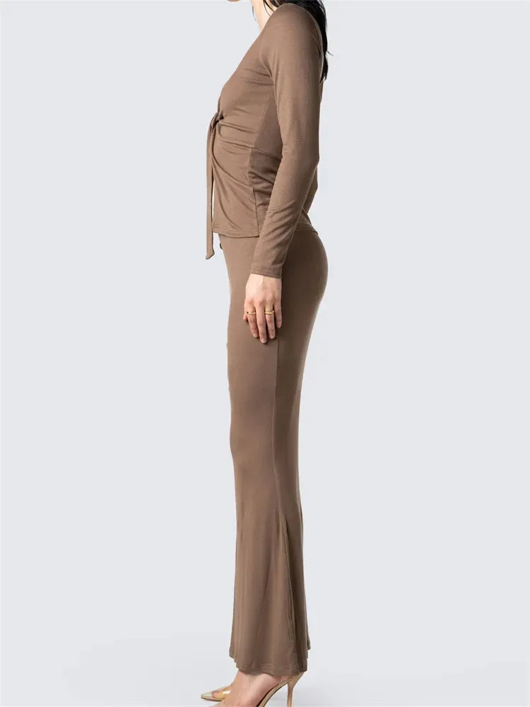 JuliaFashion - Solid V-neck Front Split Knotted Bodycon Streetwear Suits