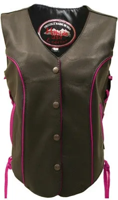 Ladies Made in USA Black Leather Motorcycle Vest with Hot Pink Trim Side Laces