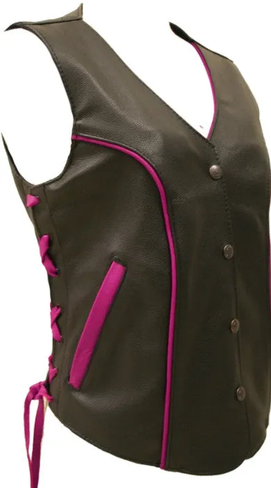 Ladies Made in USA Black Leather Motorcycle Vest with Hot Pink Trim Side Laces