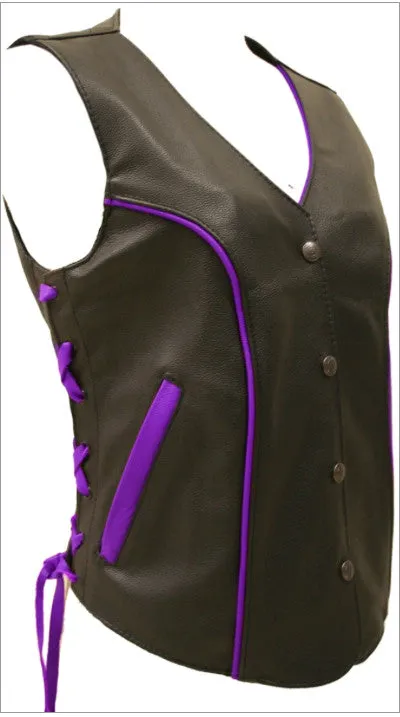 Ladies Made in USA Black Leather Motorcycle Vest with Hot Pink Trim Side Laces