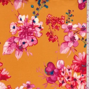 Mango/Fuchsia Floral Double Brushed Jersey Knit Fabric