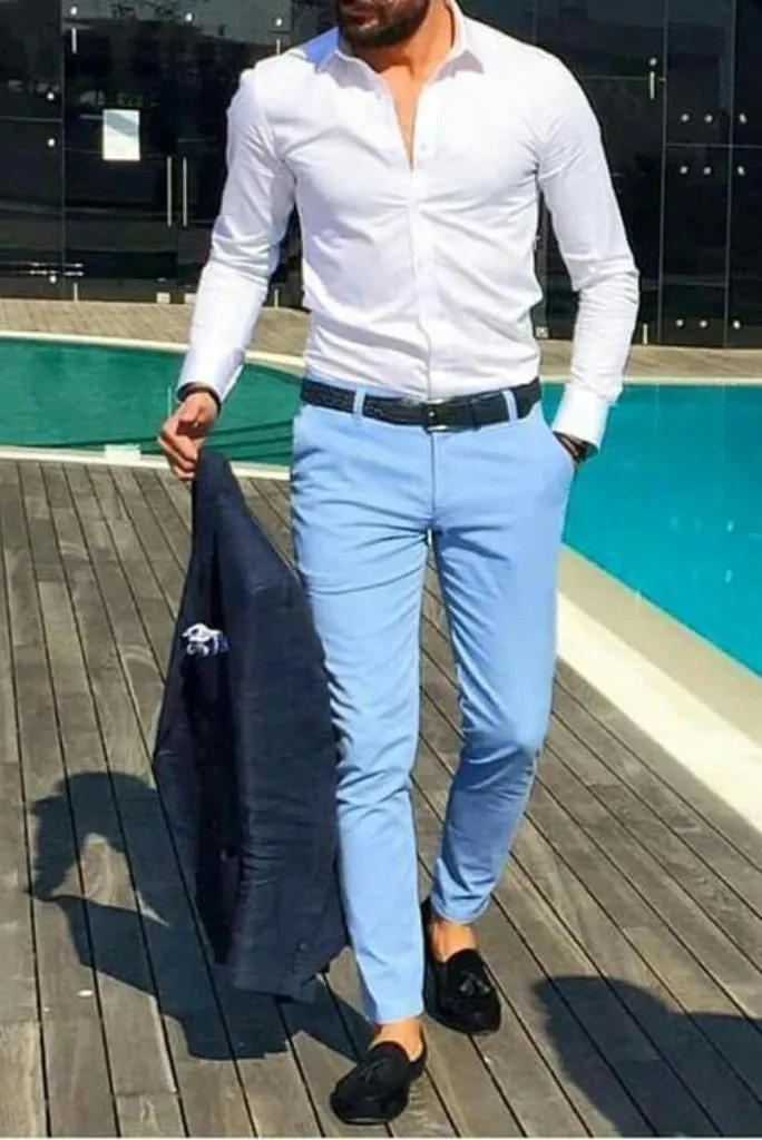 Men Formal Classic Elegant Sky Blue Trouser Groomsmen Wear