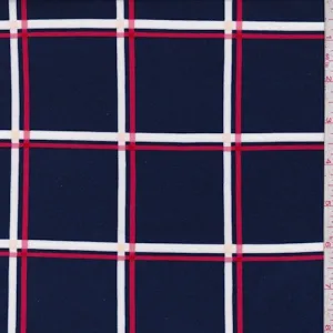 Navy/Pink/White Check Double Brushed Jersey Knit Fabric