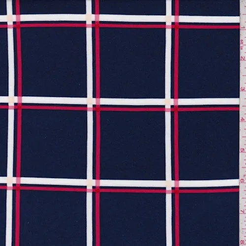 Navy/Pink/White Check Double Brushed Jersey Knit Fabric