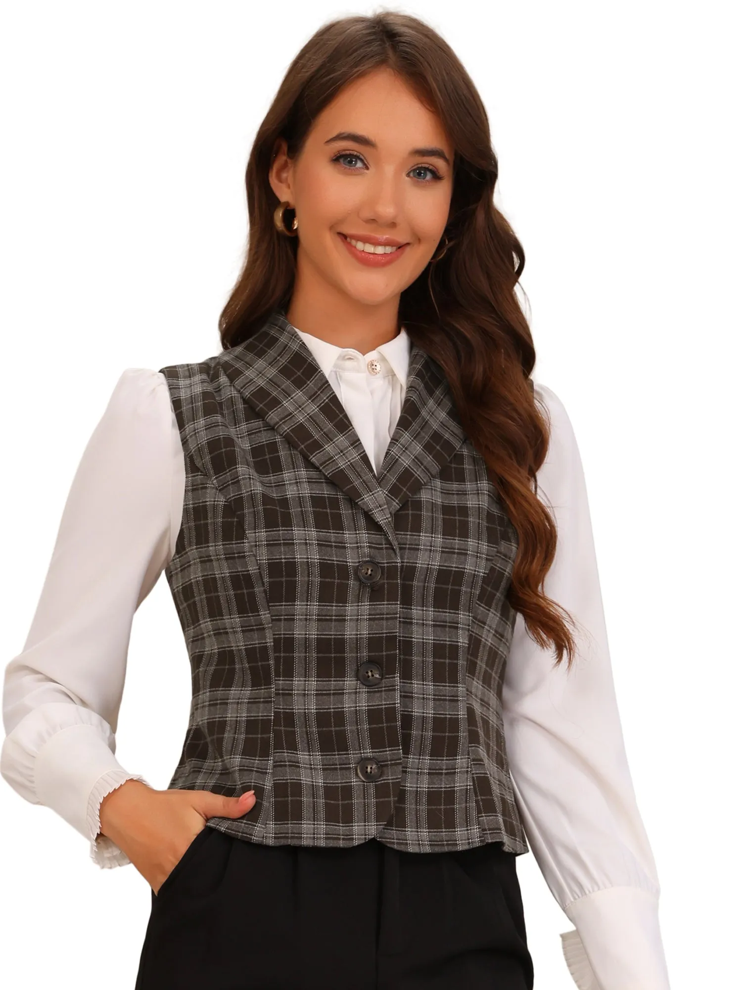 Plaidf Shawl Collar Button Down Sleeveless Vintage Waistcoat Vest