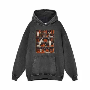 Pumpkin Head Ghost Bookshelf Vintage Washed Hoodie Sweatshirt