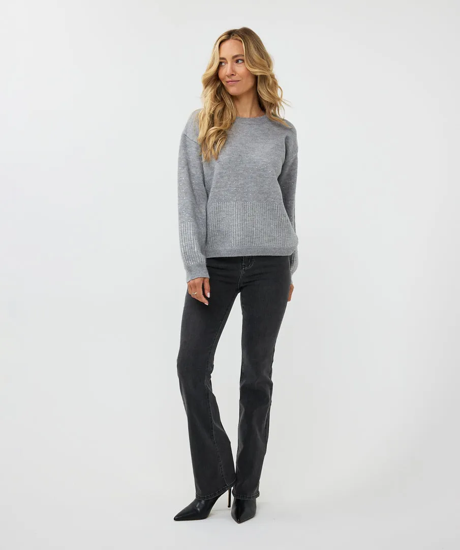 Rhinestone Trim Crew Neck Pullover