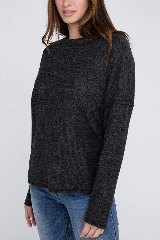 Ribbed Brushed Melange Hacci Sweater with a Pocket