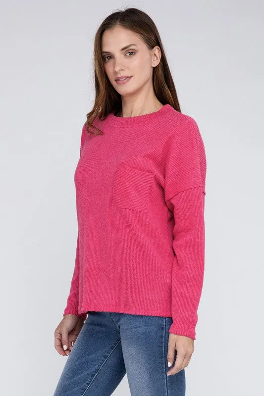 Ribbed Brushed Melange Hacci Sweater with a Pocket