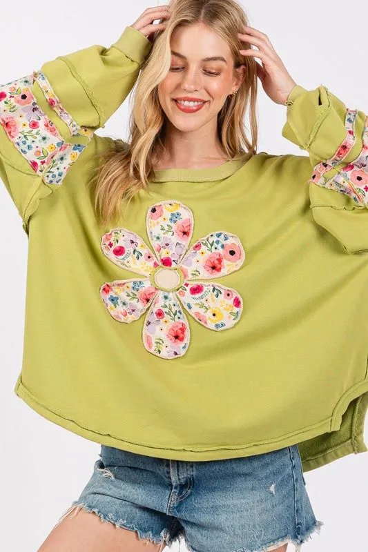 SAGE   FIG Daisy Patch Applique Long Sleeve Sweatshirt