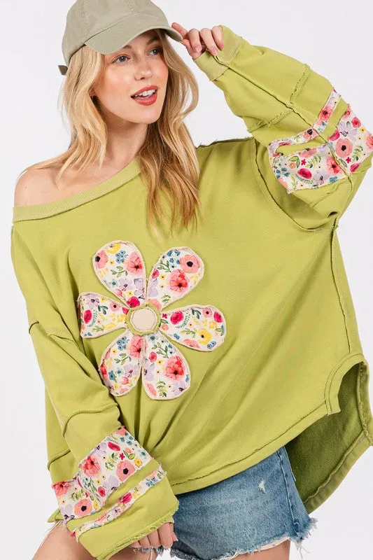 SAGE   FIG Daisy Patch Applique Long Sleeve Sweatshirt