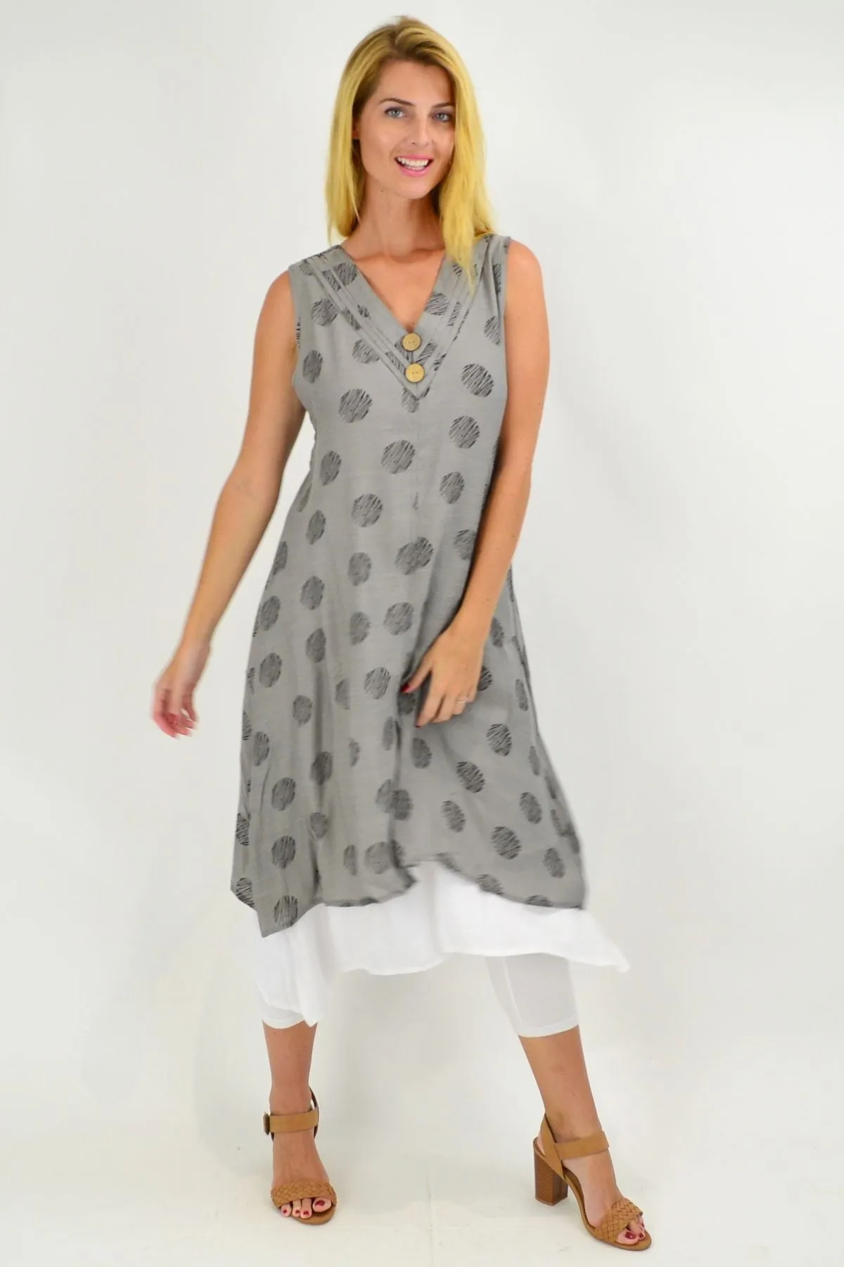 Sleeveless Grey Dots Overlay Tunic Dress