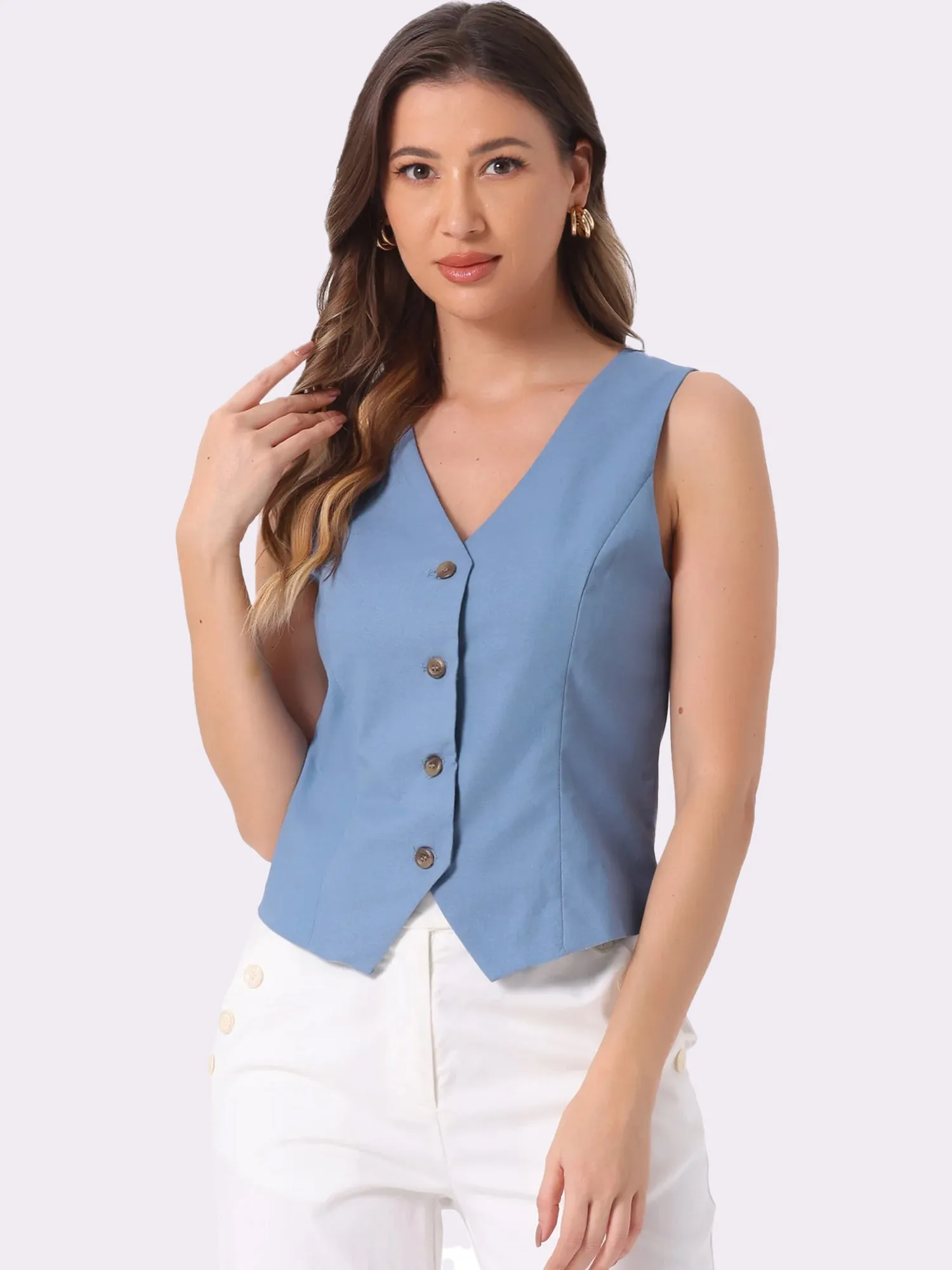 Sleeveless Solid Button Down V Neck Waistcoat Vest