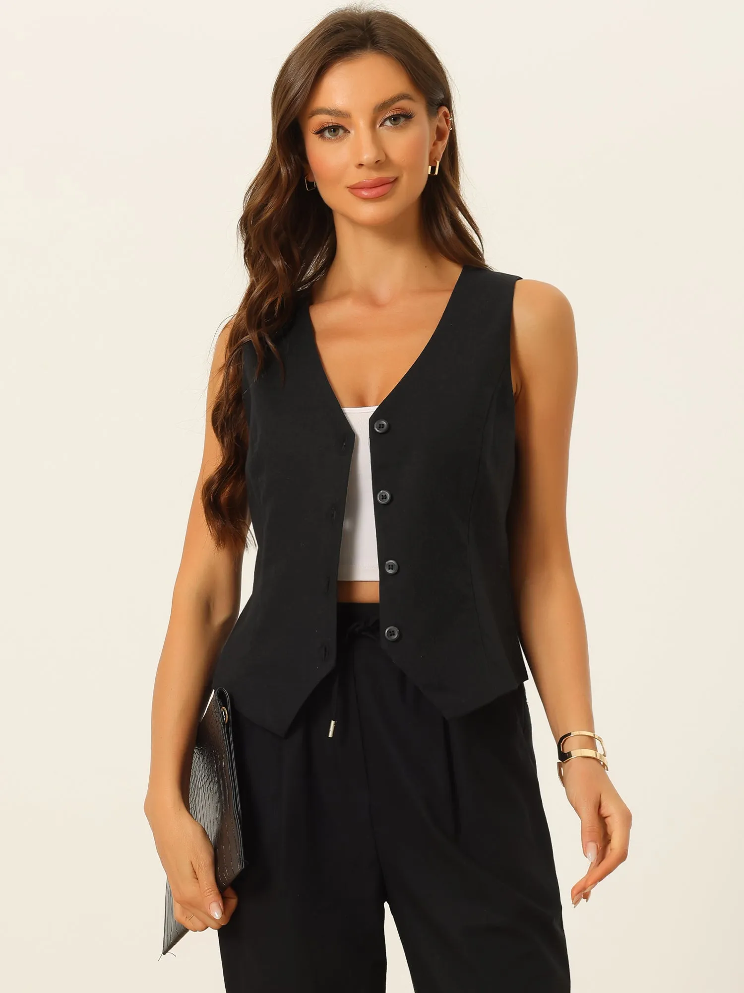 Sleeveless Solid Button Down V Neck Waistcoat Vest