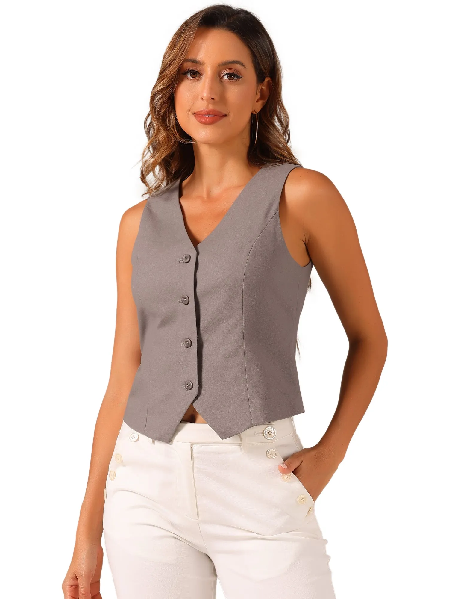 Sleeveless Solid Button Down V Neck Waistcoat Vest