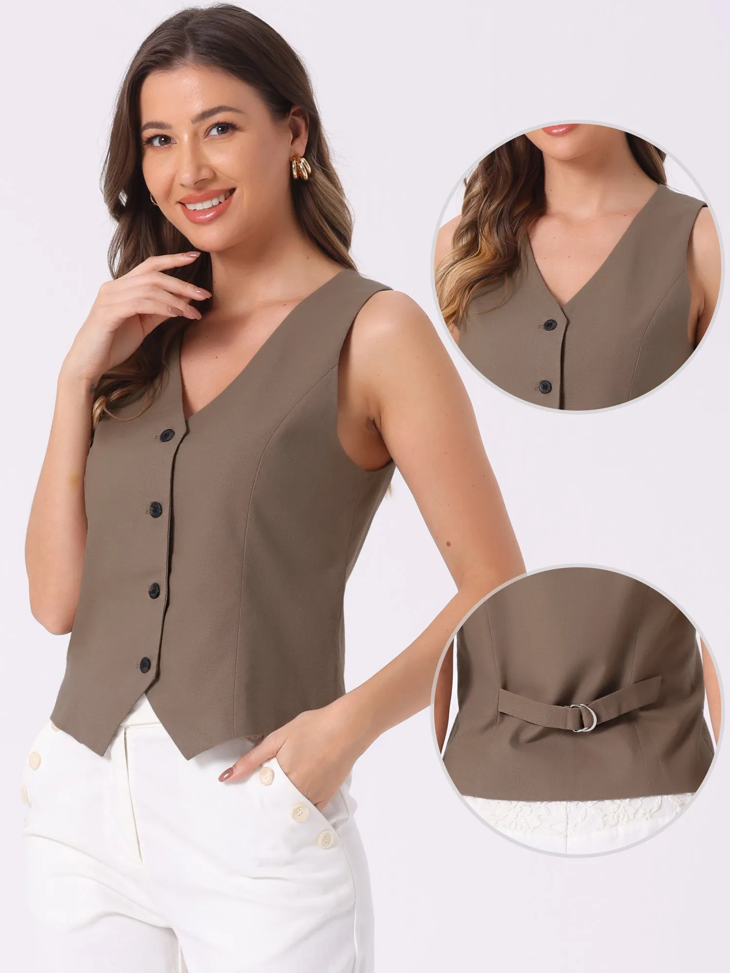 Sleeveless Solid Button Down V Neck Waistcoat Vest