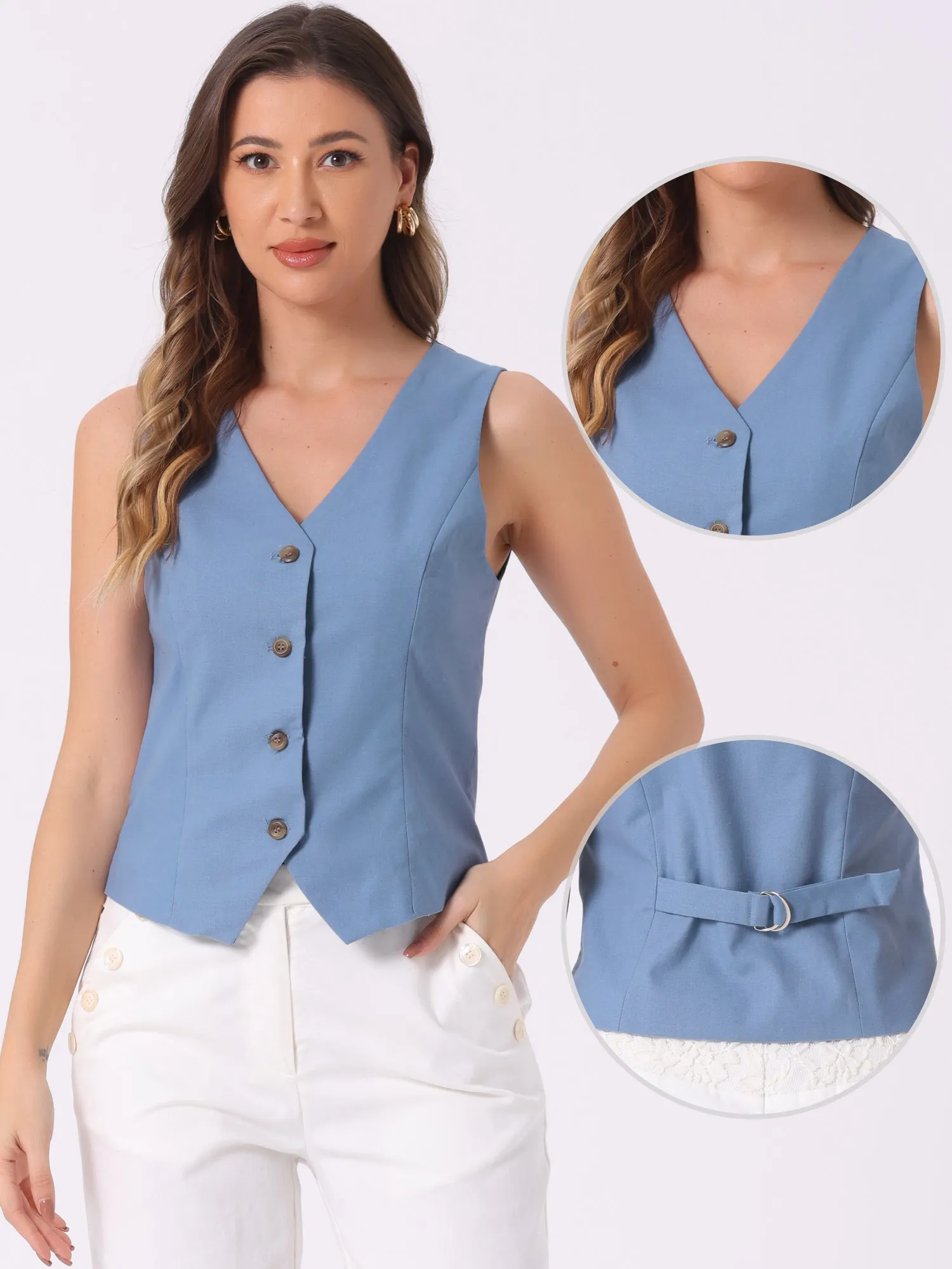 Sleeveless Solid Button Down V Neck Waistcoat Vest