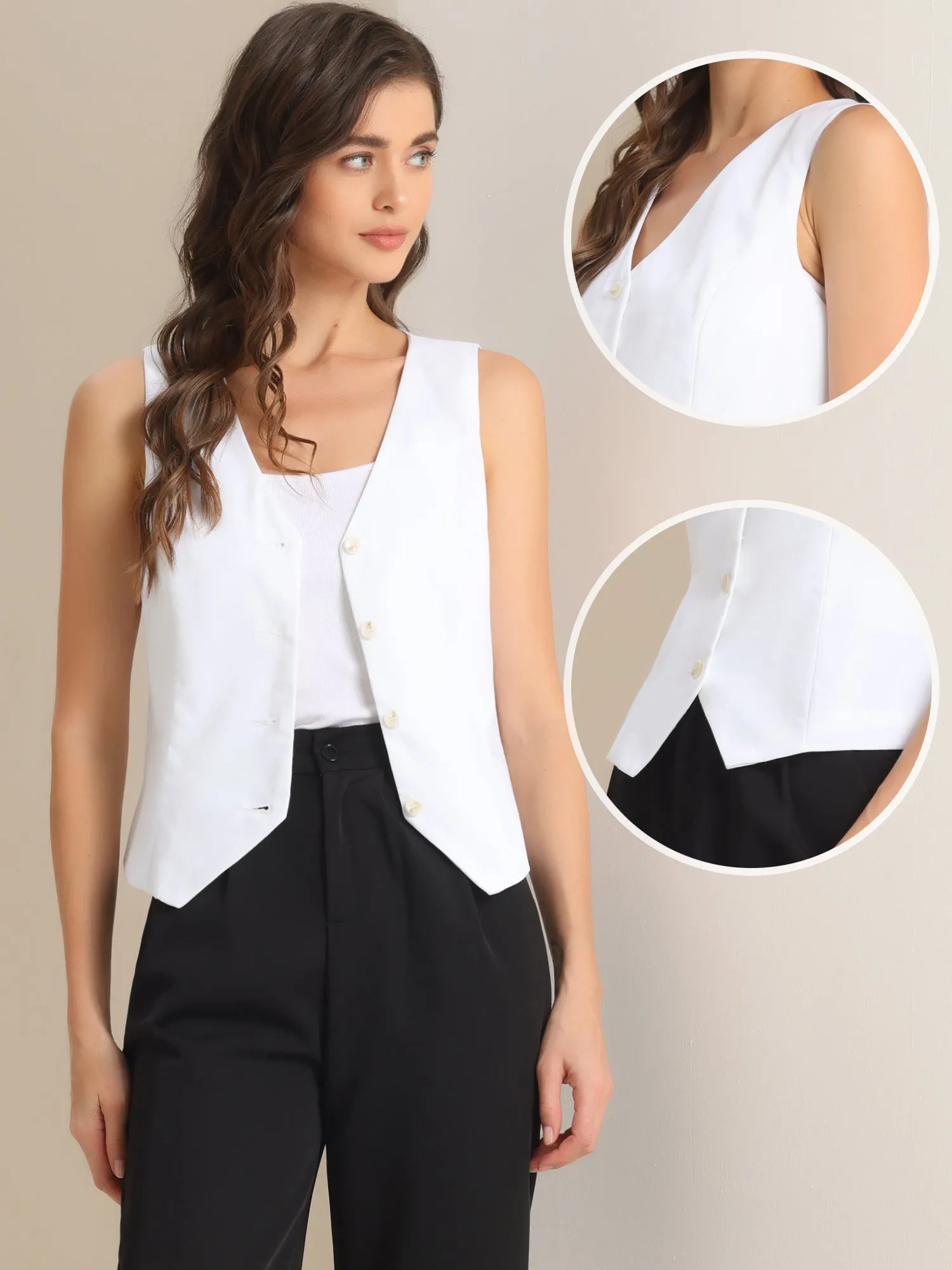 Sleeveless Solid Button Down V Neck Waistcoat Vest