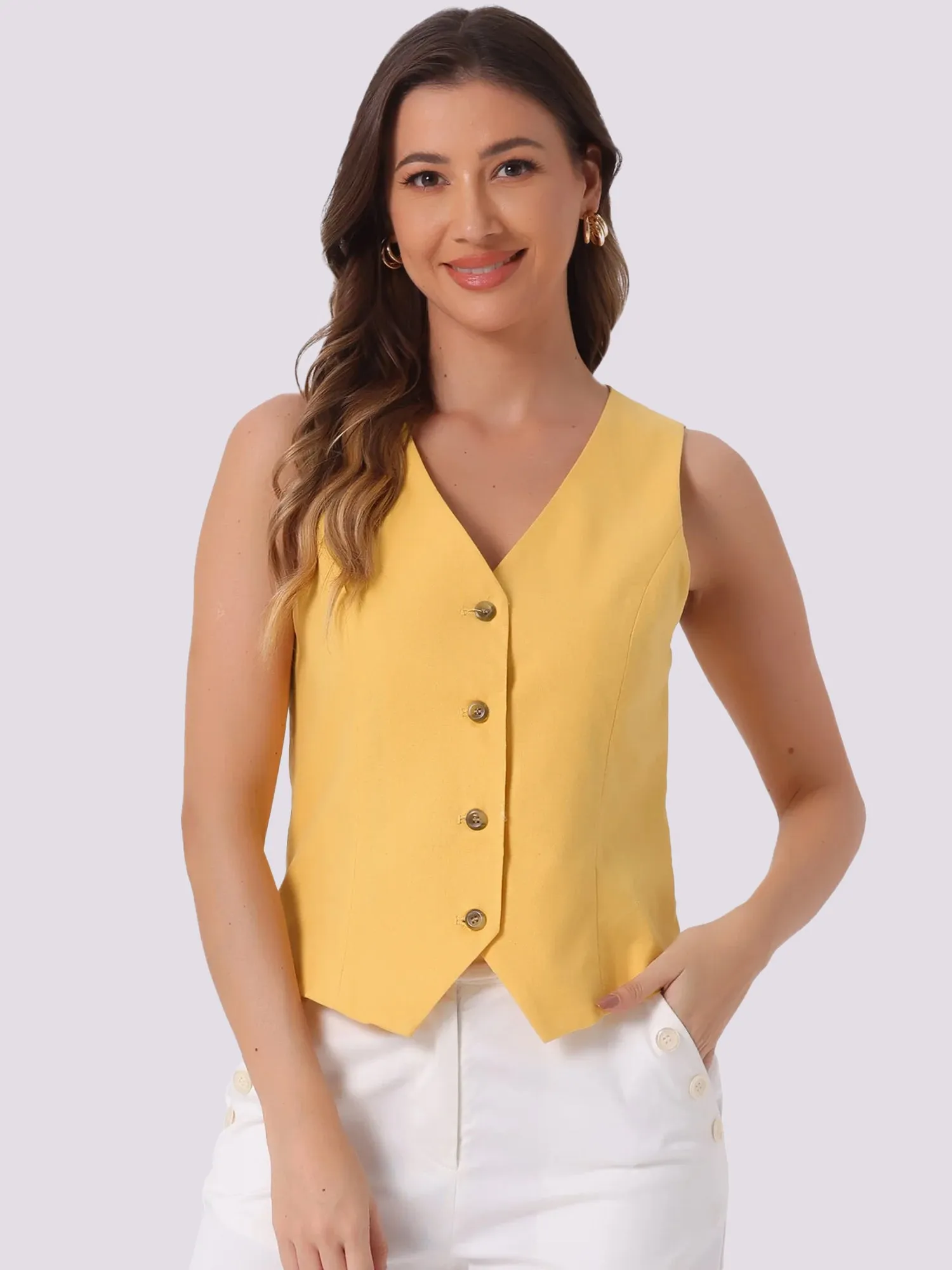 Sleeveless Solid Button Down V Neck Waistcoat Vest