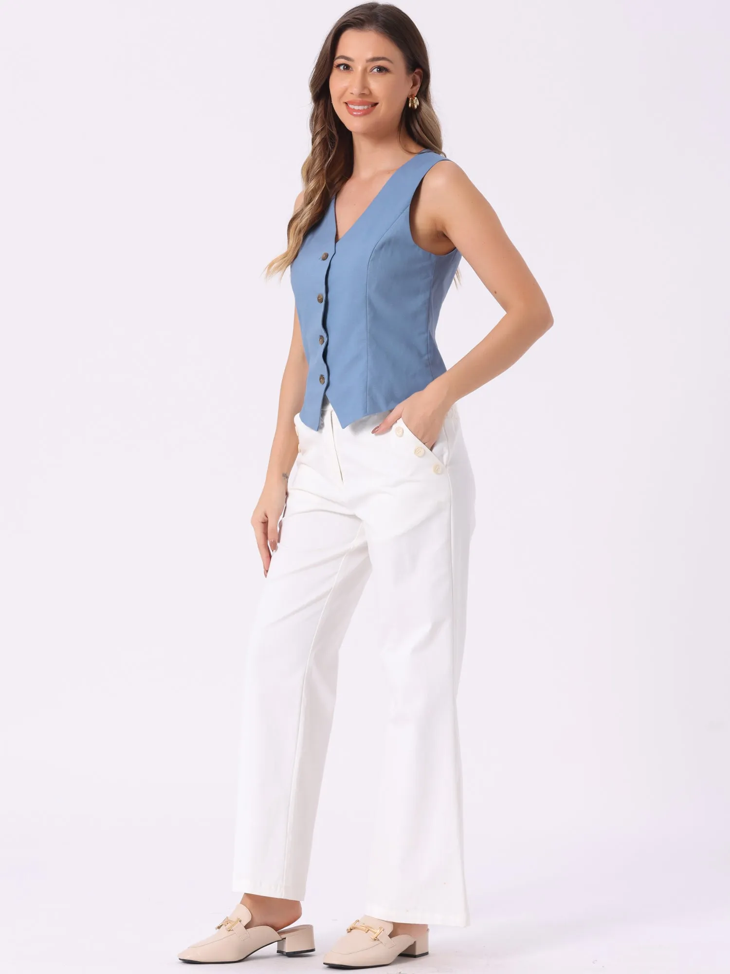 Sleeveless Solid Button Down V Neck Waistcoat Vest