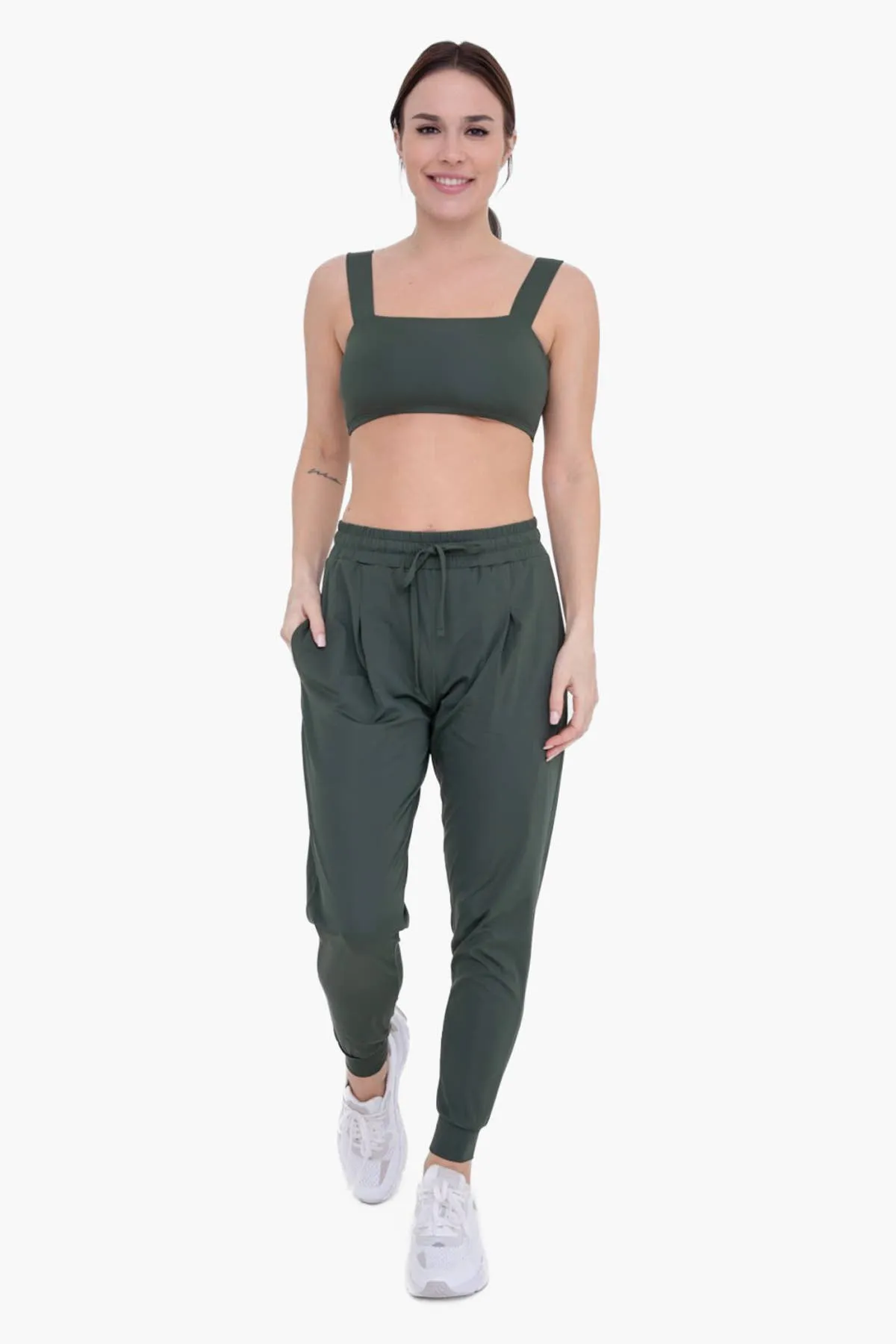 Solid Pleated Front Joggers: DEEP FOREST