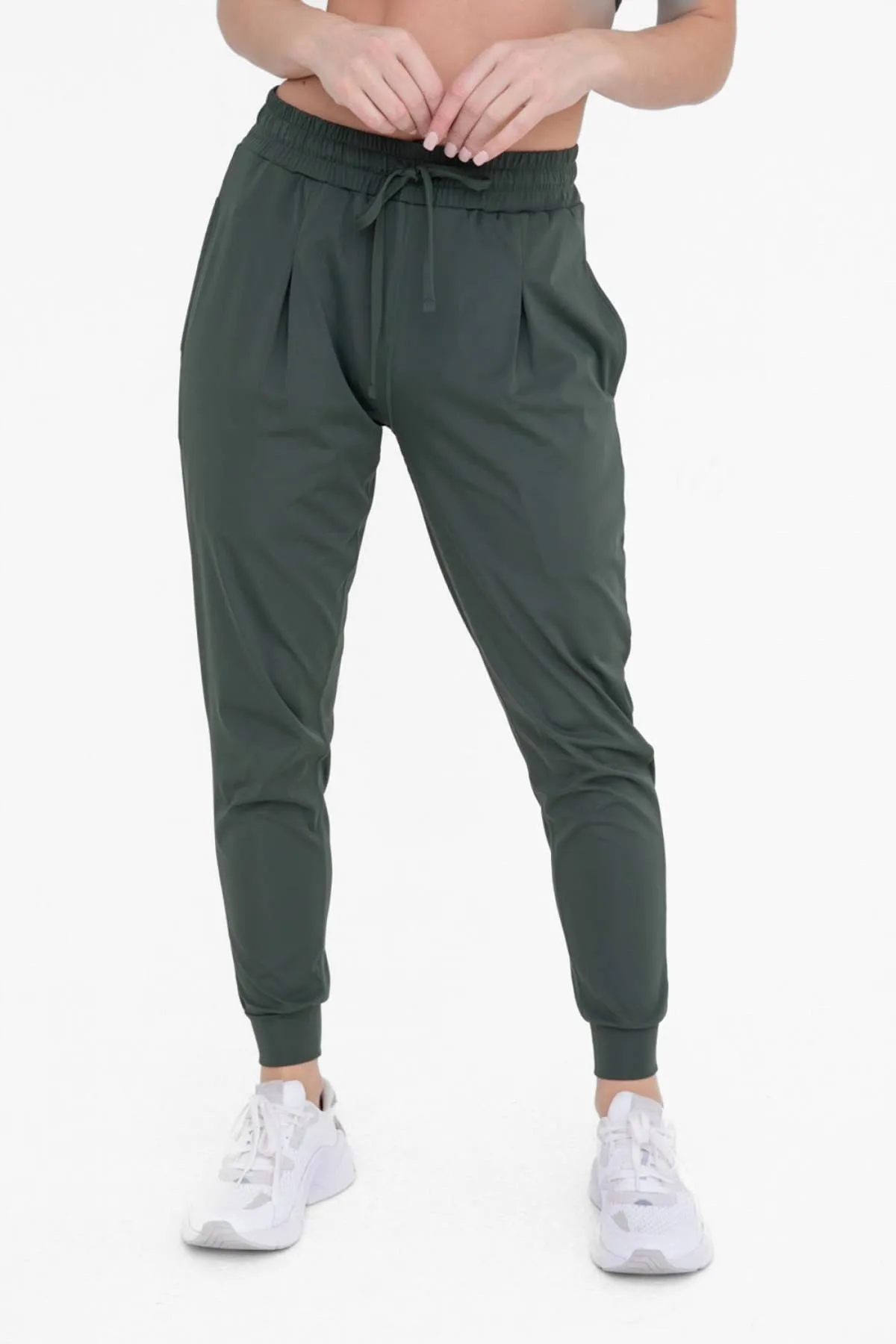 Solid Pleated Front Joggers: DEEP FOREST