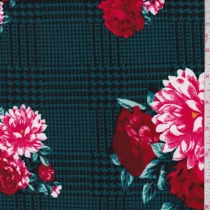 Teal/Red Glen Plaid Floral Double Brushed Jersey Knit Fabric