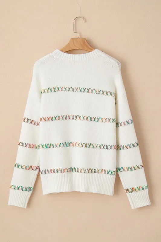 White Crossed Stitch Drop Shoulder Sweater