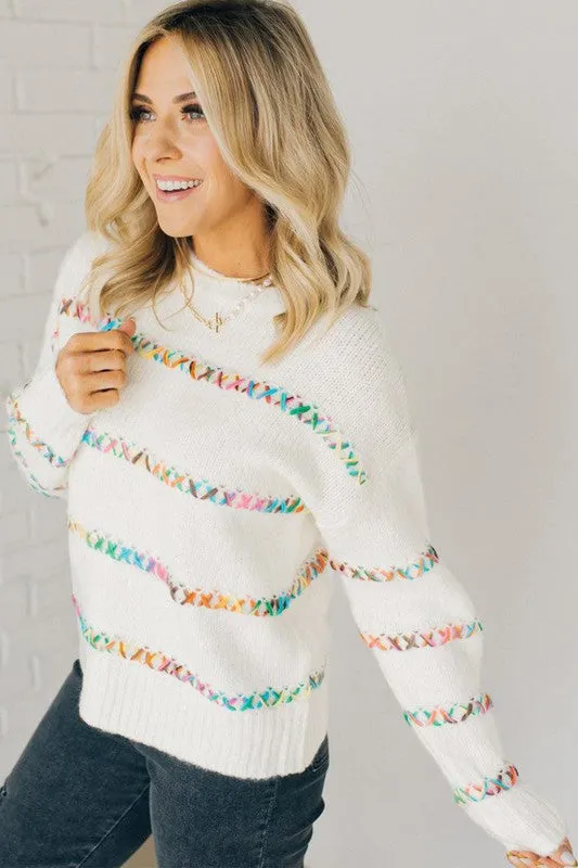 White Crossed Stitch Drop Shoulder Sweater