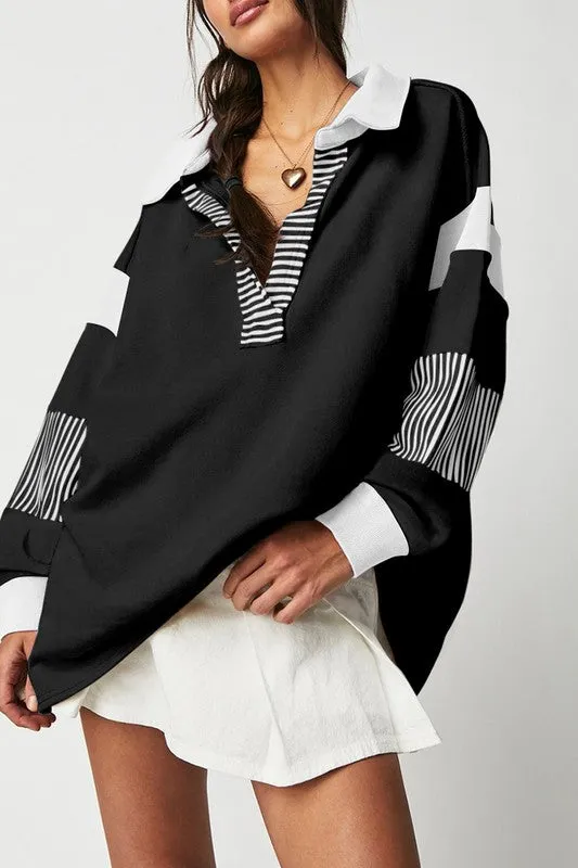 Women Striped Colorblock Patchwork Sweatshirt